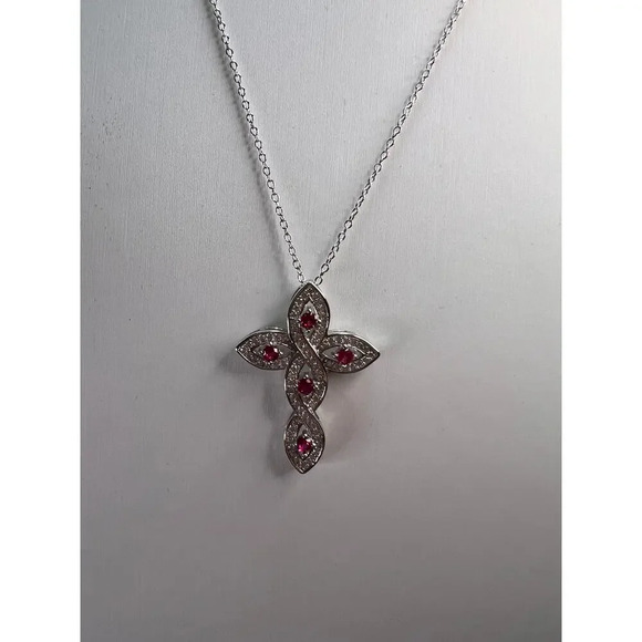 Lab ruby and CZ cross pendant and chain in rhodium over sterling silver - Picture 5 of 11